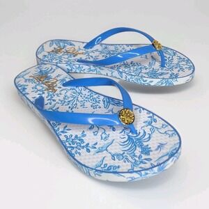 Lilly Pulitzer Pool Flip Flops Blue White Floral Size 8